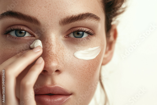 A beautiful European woman with red lipstick is applying face cream for an advertisement