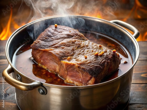 a photo image of a juicy brisket submerged in a large pot of bubbling water, steam rising from the surface.