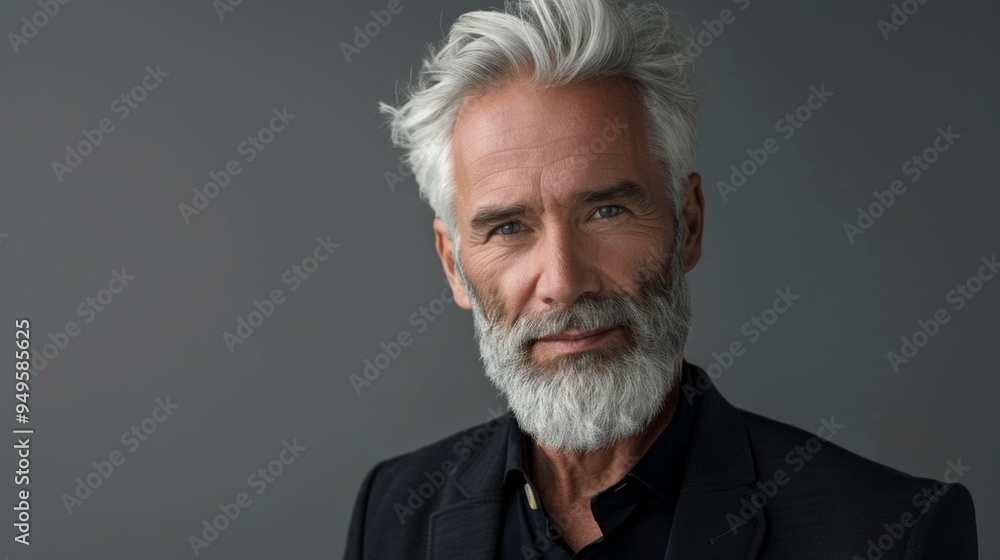 A man with a beard and gray hair is wearing a black suit and smiling A man with a beard and gray hair is wearing a black suit and smiling