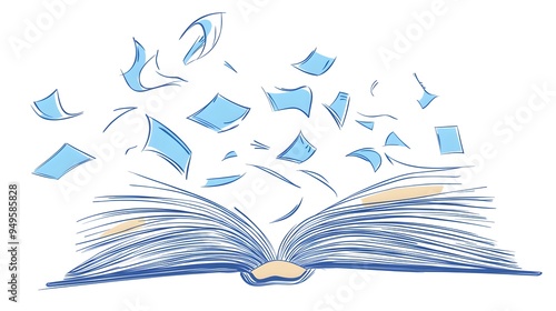 Continuous one line drawing open book with flying pages. Vector illustration education supplies back to school theme.