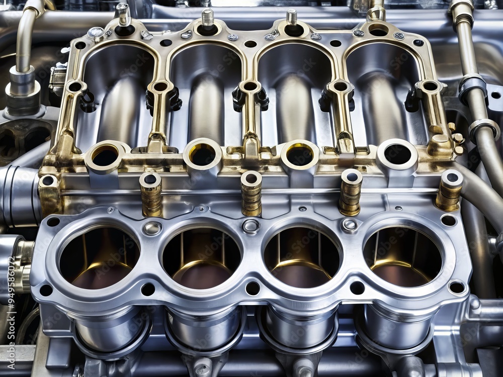 a photo image of a detailed representation of an intake manifold plenum chamber showing airflow pathways and fuel injectors a photo image of a detailed representation of an intake manifold plenum chamber showing airflow pathways and fuel injectors