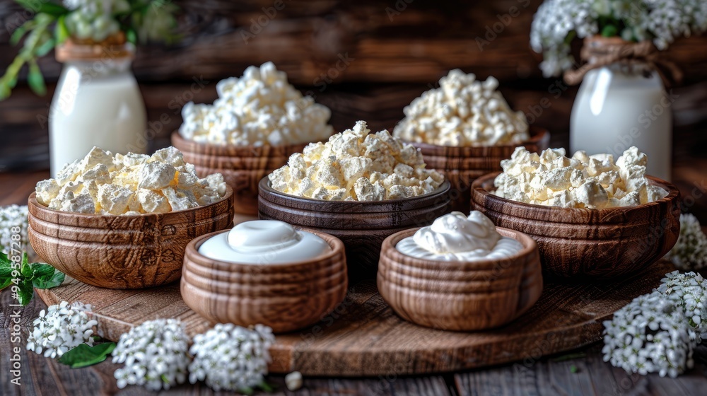 Different milk products in rustic style: cheese, milk, yogurt, cream, butter Different milk products in rustic style: cheese, milk, yogurt, cream, butter