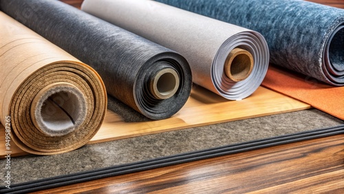 A photo image of a selection of underlayment materials, including felt paper, synthetic membrane, and modified bitumen, arranged for comparison photo