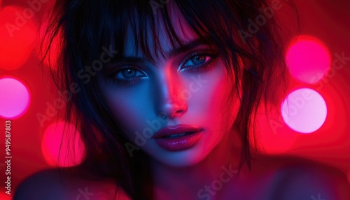 Close-up Portrait of a Woman with Blue and Red Lighting