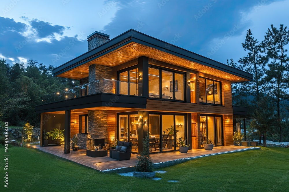 modern design of night outdoor glowing wooden house with luxury lights modern design of night outdoor glowing wooden house with luxury lights