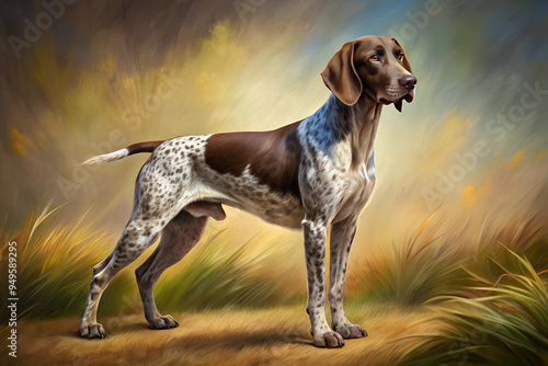 Illustration of Digital Painting of German Shorthaired Pointer standing, full body photo