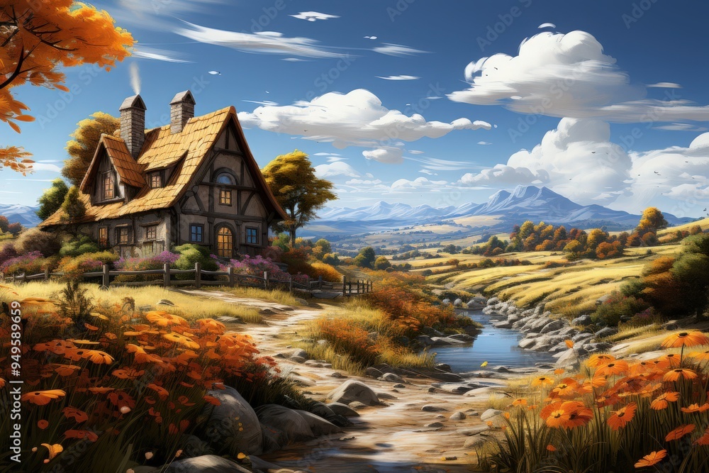 Fototapeta premium Charming Countryside Landscape with Rustic Cottages, Vibrant Wildflowers, Flowing Streams, and Majestic Mountain Views Under a Clear Blue Sky