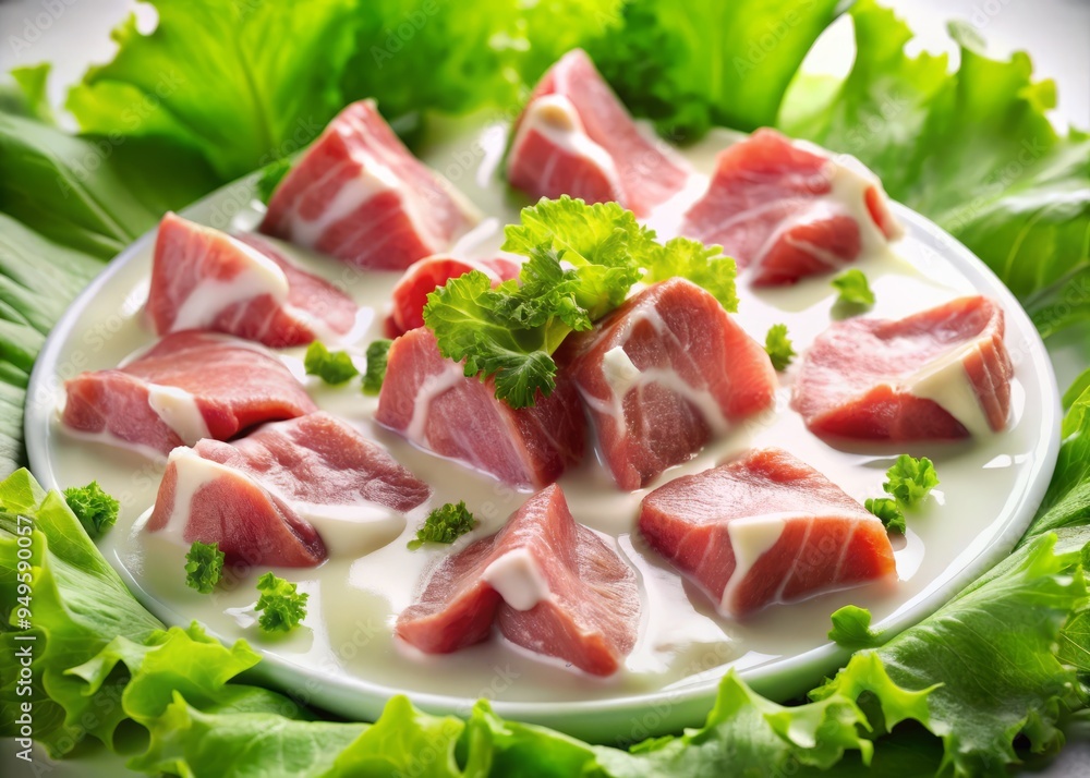 a photo image of soft pink slices of meat floating effortlessly in a pool of creamy white sauce surrounded by delicate lettuce leaves a photo image of soft pink slices of meat floating effortlessly in a pool of creamy white sauce surrounded by delicate lettuce leaves