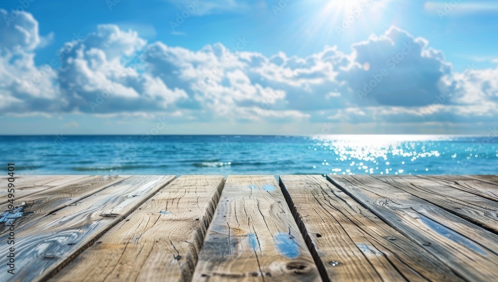 Wooden Deck Overlooking a Blue Sea and Sunny Sky Wooden Deck Overlooking a Blue Sea and Sunny Sky