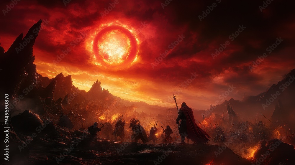 Fototapeta premium Epic Fantasy Battle Scene with Warriors Under Fiery Sky and Glowing Red Sun in Dramatic Landscape