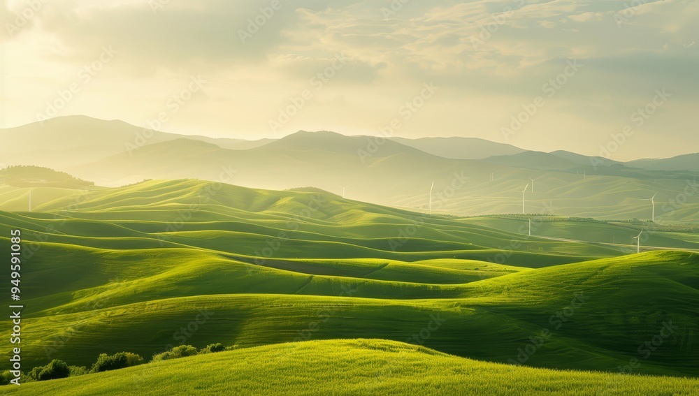 Rolling Green Hills with Wind Turbines in the Distance Rolling Green Hills with Wind Turbines in the Distance