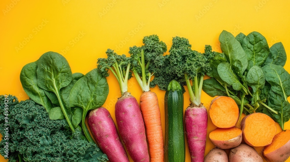 A vibrant mix of vegetables including spinach, kale, and sweet potatoes against a bright yellow background. A vibrant mix of vegetables including spinach, kale, and sweet potatoes against a bright yellow background.