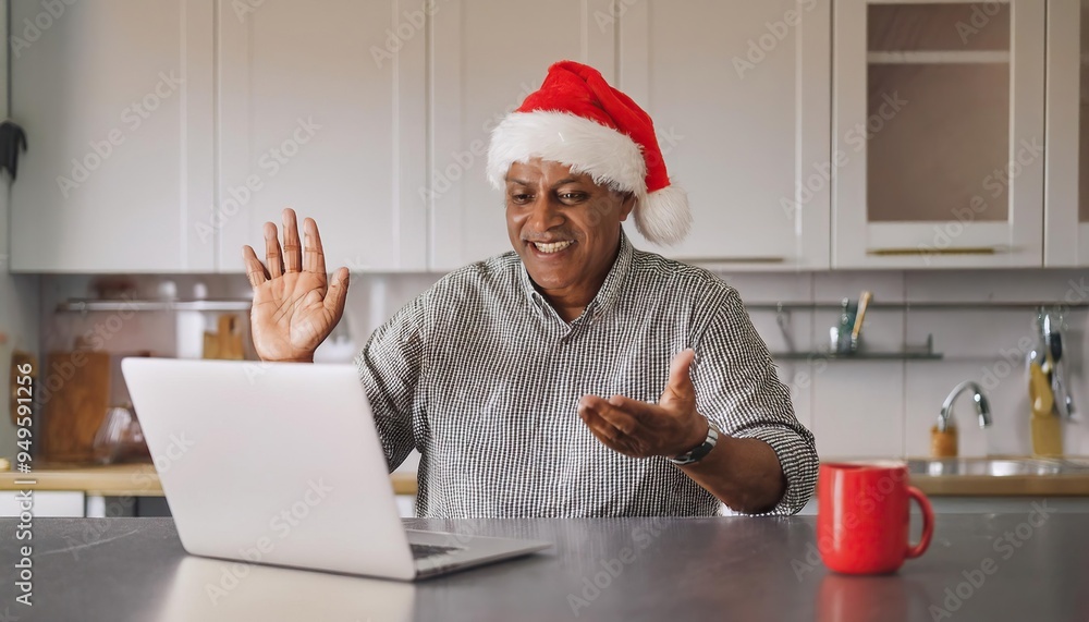 Happy senior man in santa hat making christmas video call on laptop in kitchen Happy senior man in santa hat making christmas video call on laptop in kitchen
