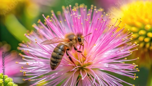 Bee on a pink Florida wildflower Mimosa strigillosa in extreme close-up photo