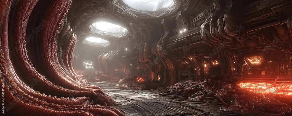 Naklejka premium Alien hive interior, organic tunnels, pulsating walls, and lurking threats, 3D game design