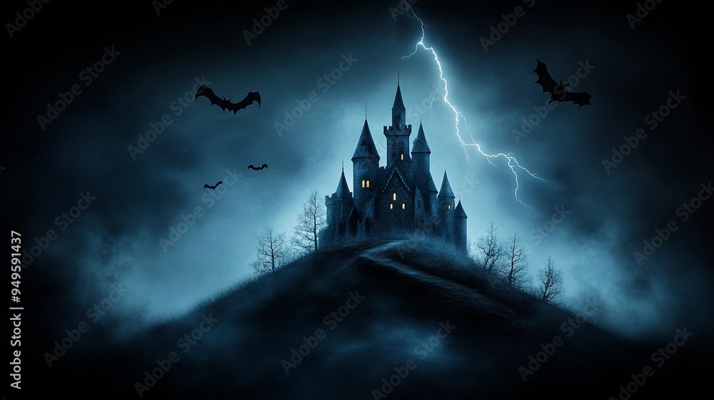 Fototapeta premium A dark, ominous castle atop hill with lightning striking, surrounded by bats and fog, creates haunting atmosphere.