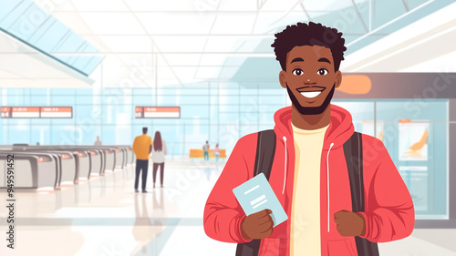 Wallpaper Mural A cheerful traveler stands in an airport terminal holding a boarding pass while preparing for a new adventure Torontodigital.ca