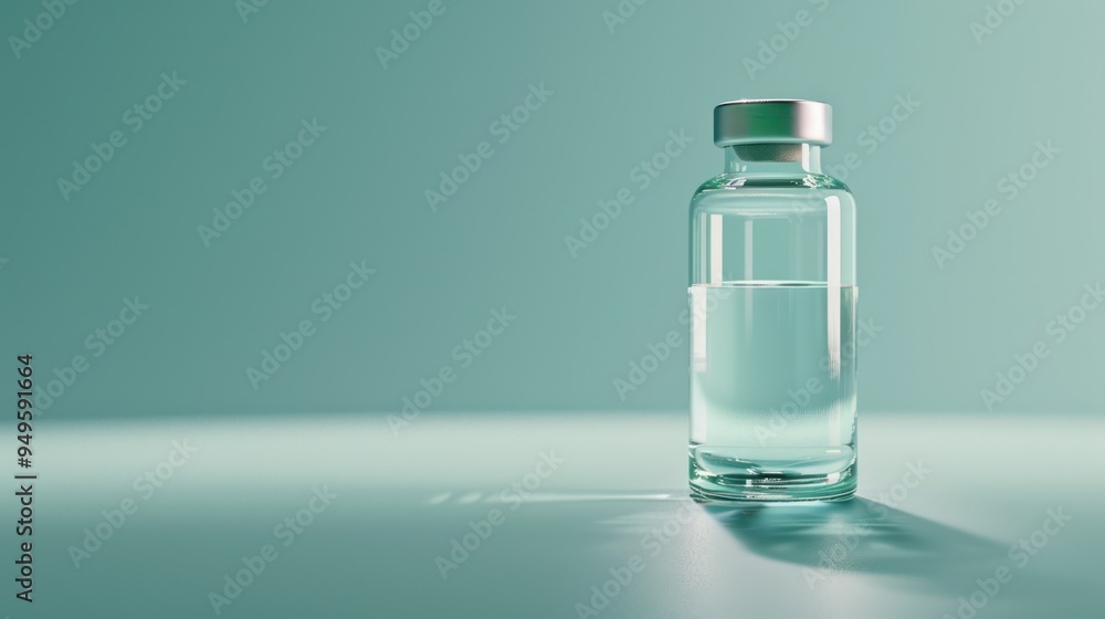 Glass vial with transparent liquid, medical vaccine bottle, metallic cap, reflective surface, clean minimalist background, soft blue tones, pharmaceutical photography Glass vial with transparent liquid, medical vaccine bottle, metallic cap, reflective surface, clean minimalist background, soft blue tones, pharmaceutical photography