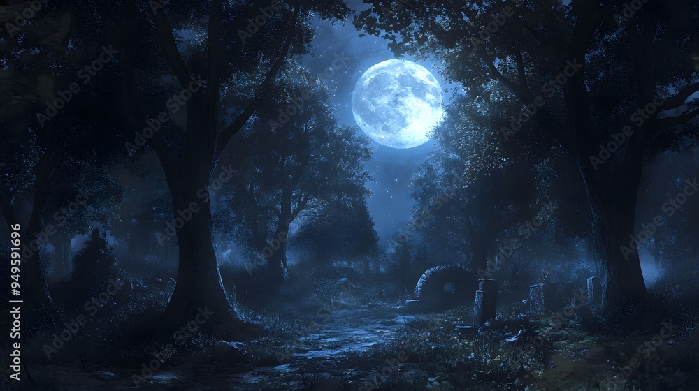 Fototapeta premium A full moon illuminating a haunted forest