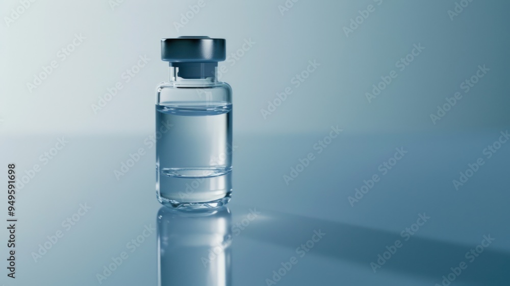 Glass vial with transparent liquid, medical vaccine bottle, metallic cap, reflective surface, clean minimalist background, soft blue tones, pharmaceutical photography Glass vial with transparent liquid, medical vaccine bottle, metallic cap, reflective surface, clean minimalist background, soft blue tones, pharmaceutical photography