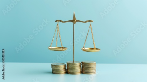 Wallpaper Mural Golden balance scale, stacks of gold coins, light blue background, financial equilibrium, wealth concept, minimalist composition, studio lighting metallic sheen, precise symmetry Torontodigital.ca