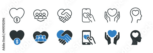 Charity line and glyph solid icons collection. Minimal icon and symbol series vector illustration