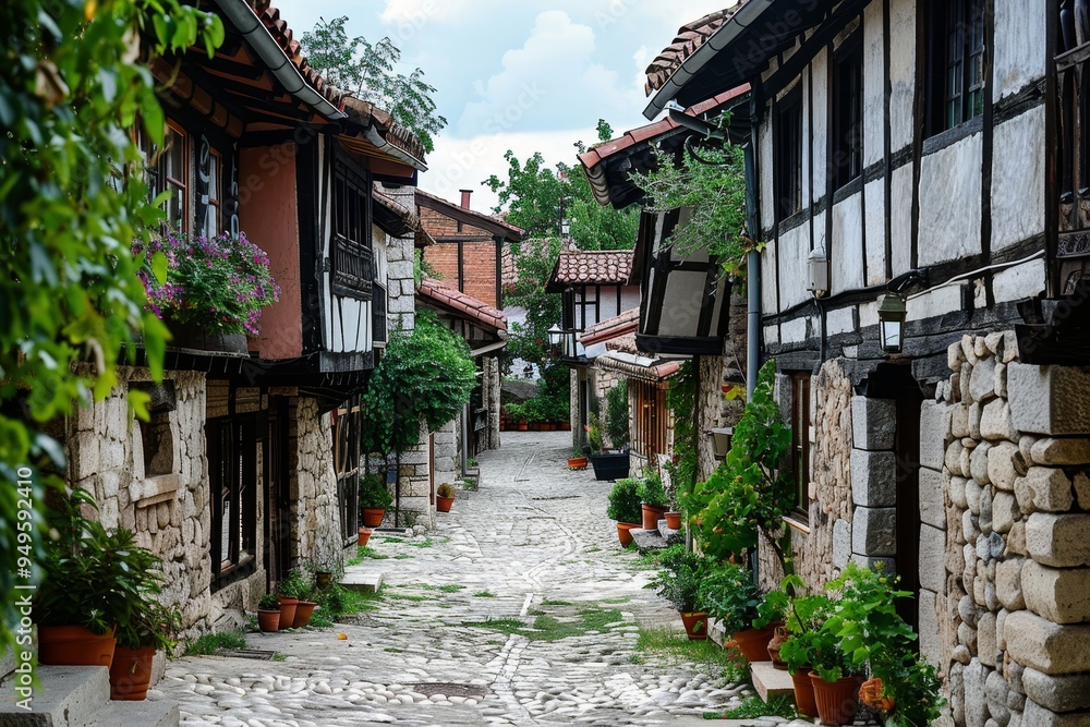 A cobblestone street lined with various potted plants under a clear sky, Strolling through quaint cobblestone streets of a charming village A cobblestone street lined with various potted plants under a clear sky, Strolling through quaint cobblestone streets of a charming village