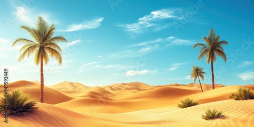 A desert scene with two palm trees and a blue sky