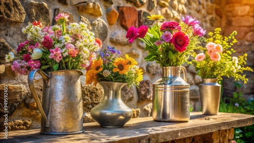 Pewter vases filled with fresh flowers on a rustic stone wall, bright morning light highlighting their textures, exuding serenity, a realistic photo image.