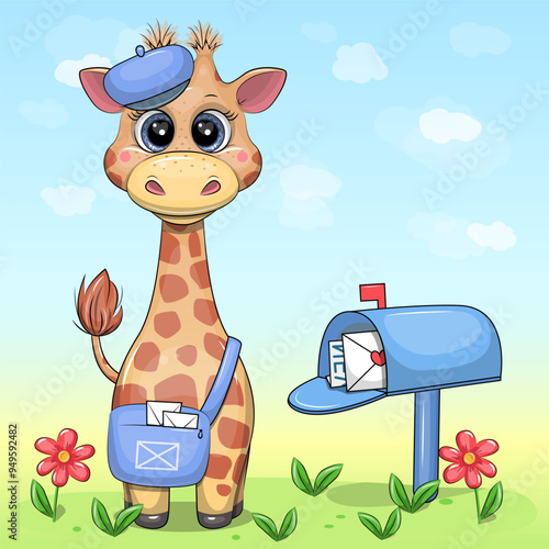 A cute cartoon giraffe postman with a blue bag and hat stands next to the mailbox. Vector illustration of an animal.