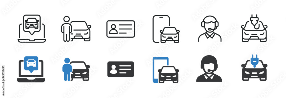 Car rent line and glyph solid icons collection. Minimal icon and symbol series vector illustration Car rent line and glyph solid icons collection. Minimal icon and symbol series vector illustration