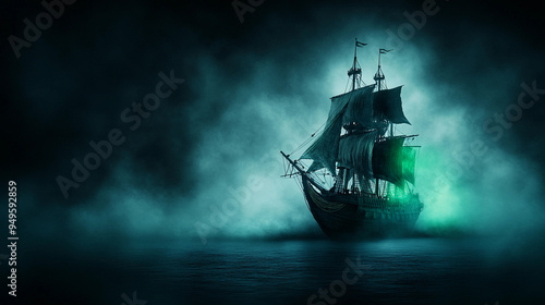 A ghostly pirate ship sails through misty, moonlit sea, creating an eerie atmosphere. ships silhouette is illuminated by haunting green glow, enhancing mysterious scene.