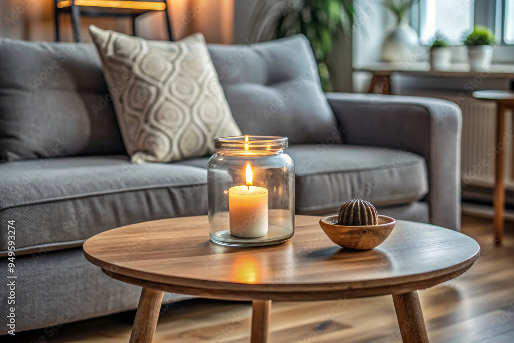 A cozy living room with a close-up of a candle on a wooden coffee table. The background shows a sofa with patterned pillows, creating a homey feel A cozy living room with a close-up of a candle on a wooden coffee table. The background shows a sofa with patterned pillows, creating a homey feel