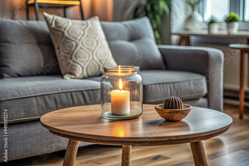 Wallpaper Mural A cozy living room with a close-up of a candle on a wooden coffee table. The background shows a sofa with patterned pillows, creating a homey feel Torontodigital.ca