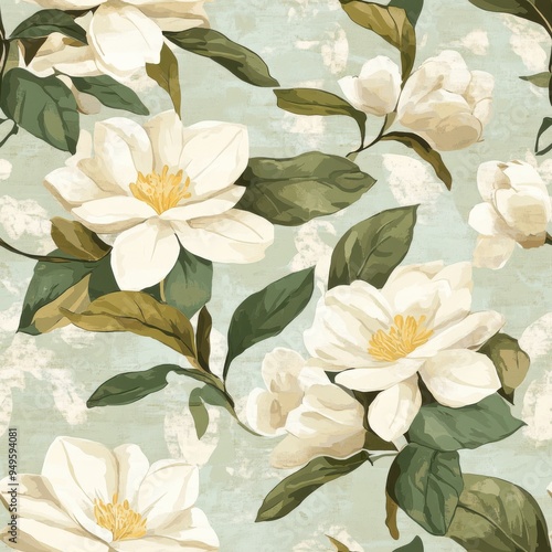Wallpaper Mural Vintage retro style gardenia pattern on vintage page background, seamless repeating pattern, minimal pattern gardenias, vintage floral, retro flowers, seamless gardenia pattern, fabric Torontodigital.ca