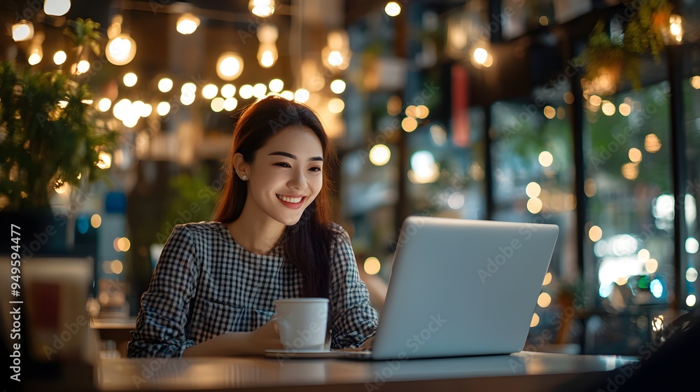 Happy asian business woman taking a coffee break during working on laptop computer at coffee shop. Young smart business woman online working on laptop, surfing the internet at cafe Happy asian business woman taking a coffee break during working on laptop computer at coffee shop. Young smart business woman online working on laptop, surfing the internet at cafe