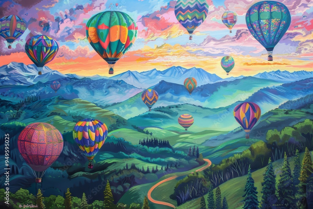 Fototapeta premium Colorful Hot Air Balloons Floating Over a Lush Mountain Landscape
