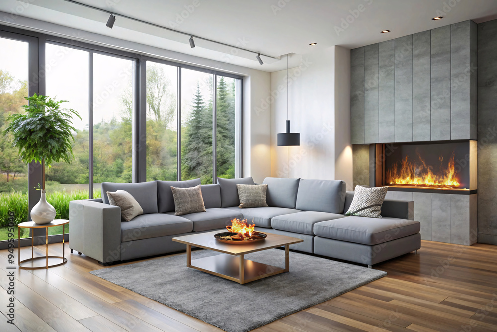 Fototapeta premium A minimalist living room with a gray sectional sofa, a coffee table with a fire feature, and floor-to-ceiling windows offering views of lush greenery