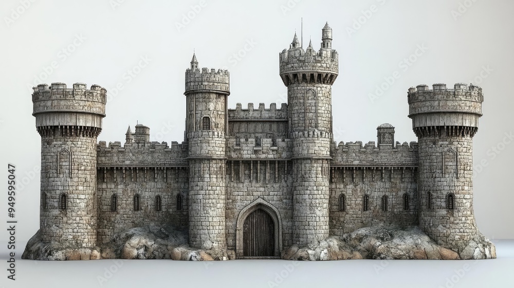 Classic European castle with battlements, towers, and a moat, 3D model Classic European castle with battlements, towers, and a moat, 3D model