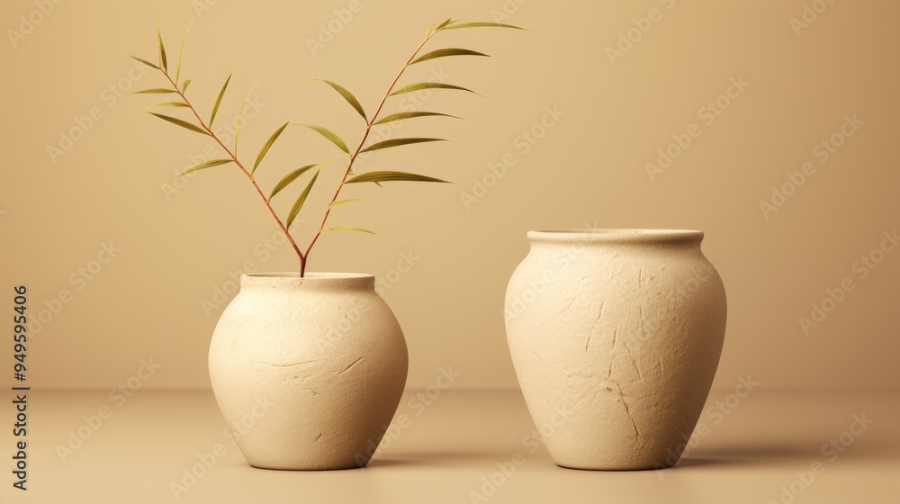 Minimalist Still Life with Green Plant in Ceramic Vases Minimalist Still Life with Green Plant in Ceramic Vases