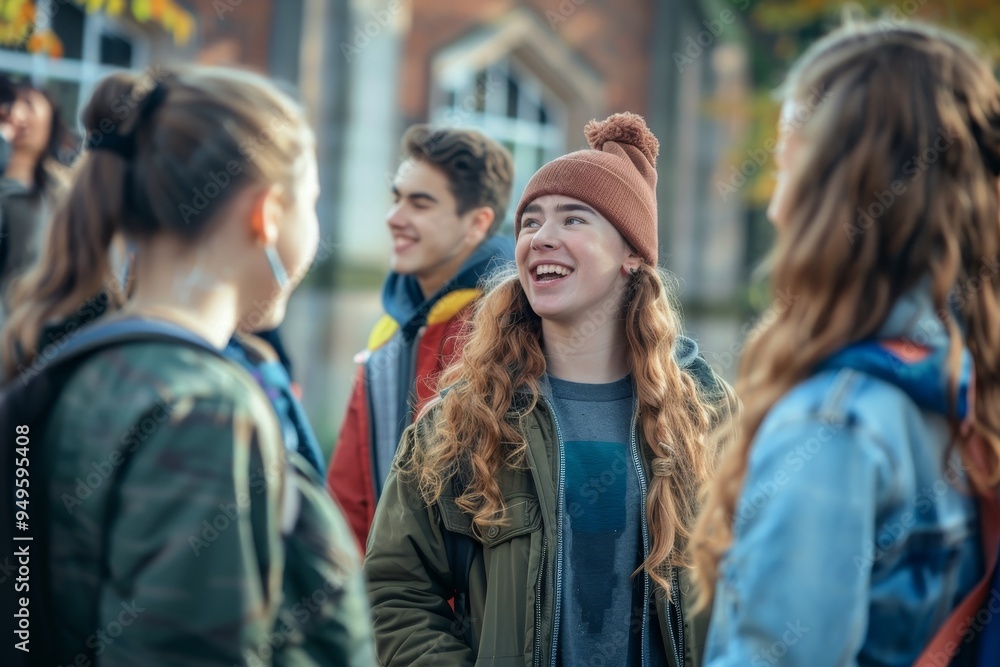 A group of young students standing in a circle outside the school, chatting excitedly, Students gathering outside the school, chatting excitedly A group of young students standing in a circle outside the school, chatting excitedly, Students gathering outside the school, chatting excitedly