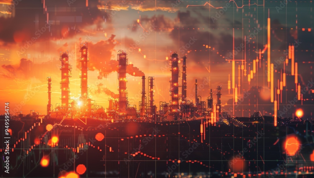 Industrial Complex at Sunset with Overlayed Stock Market Charts Industrial Complex at Sunset with Overlayed Stock Market Charts
