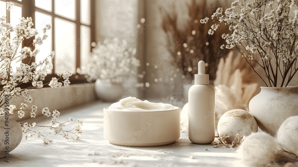 Minimalist Skincare Packaging - Elegant Cream and Bottle in Soft Light.
