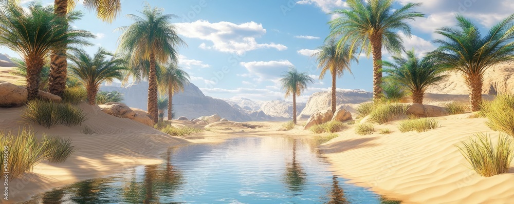 Desert oasis, palm trees, a reflective water pool, and shifting sands, 3D game design