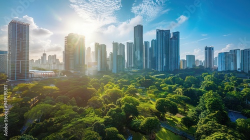 Modern cityscape, towering skyscrapers, lush green urban park, bright blue sky, clear day, sunbeams, aerial view, panoramic shot, high-rise buildings, city skyline, vibrant colors