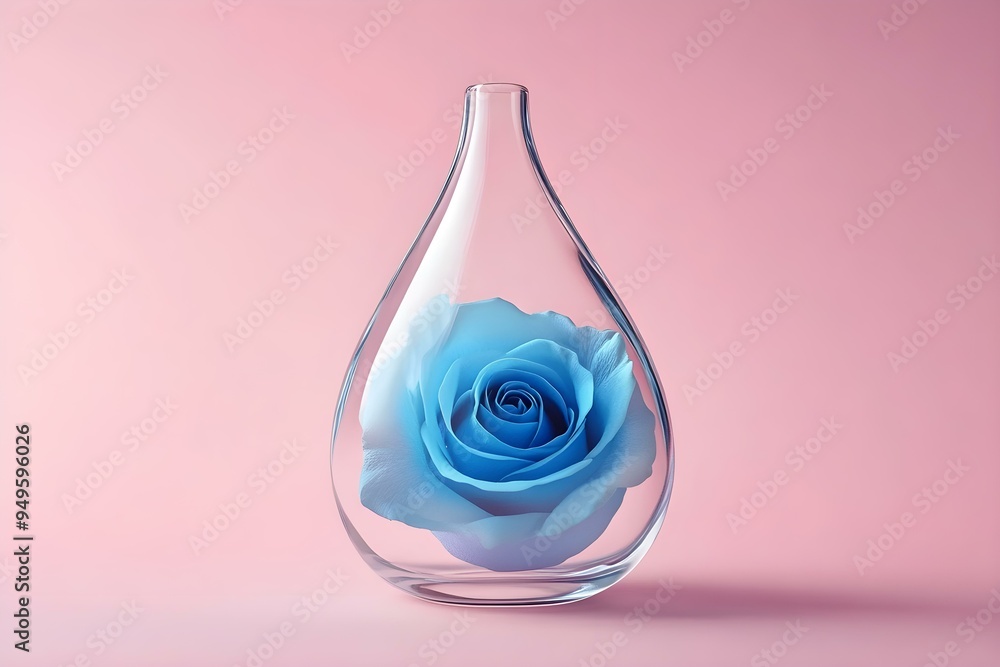 teardrop glass water bottle with a beautiful blue rose inside, minimal shapes, pink background design teardrop glass water bottle with a beautiful blue rose inside, minimal shapes, pink background design