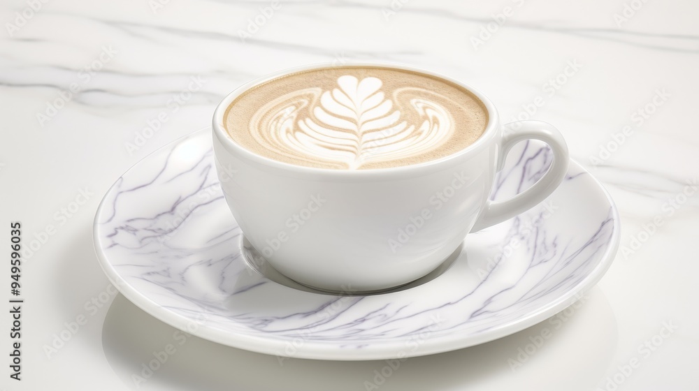 Coffee Latte Art in a White Cup on a Marble Surface Coffee Latte Art in a White Cup on a Marble Surface