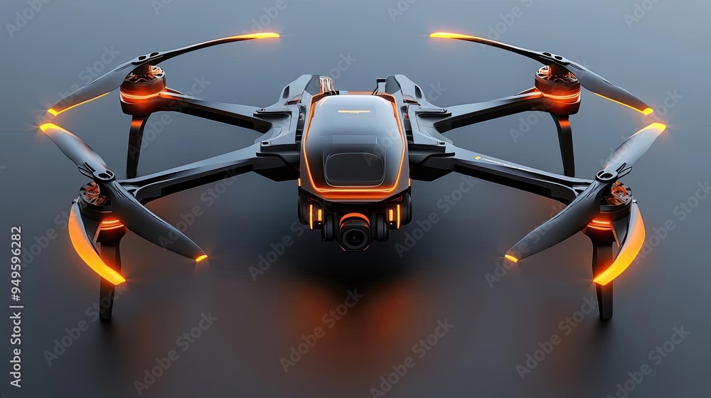 Detailed high-tech drone, quadcopter design with rotating blades, 3D model Detailed high-tech drone, quadcopter design with rotating blades, 3D model