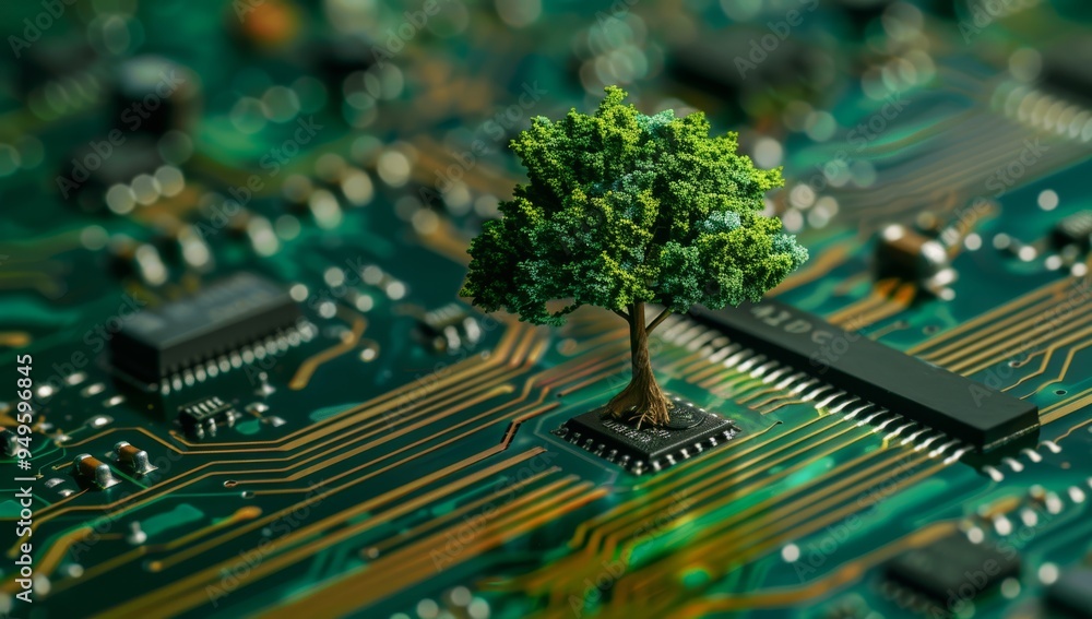 Obraz premium A miniature tree growing from a circuit board chip.