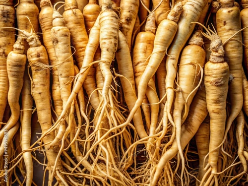 A collection of American ginseng roots, carefully harvested and preserved, reveals the rich coffee-like color and intricate patterns of this highly prized herb. photo